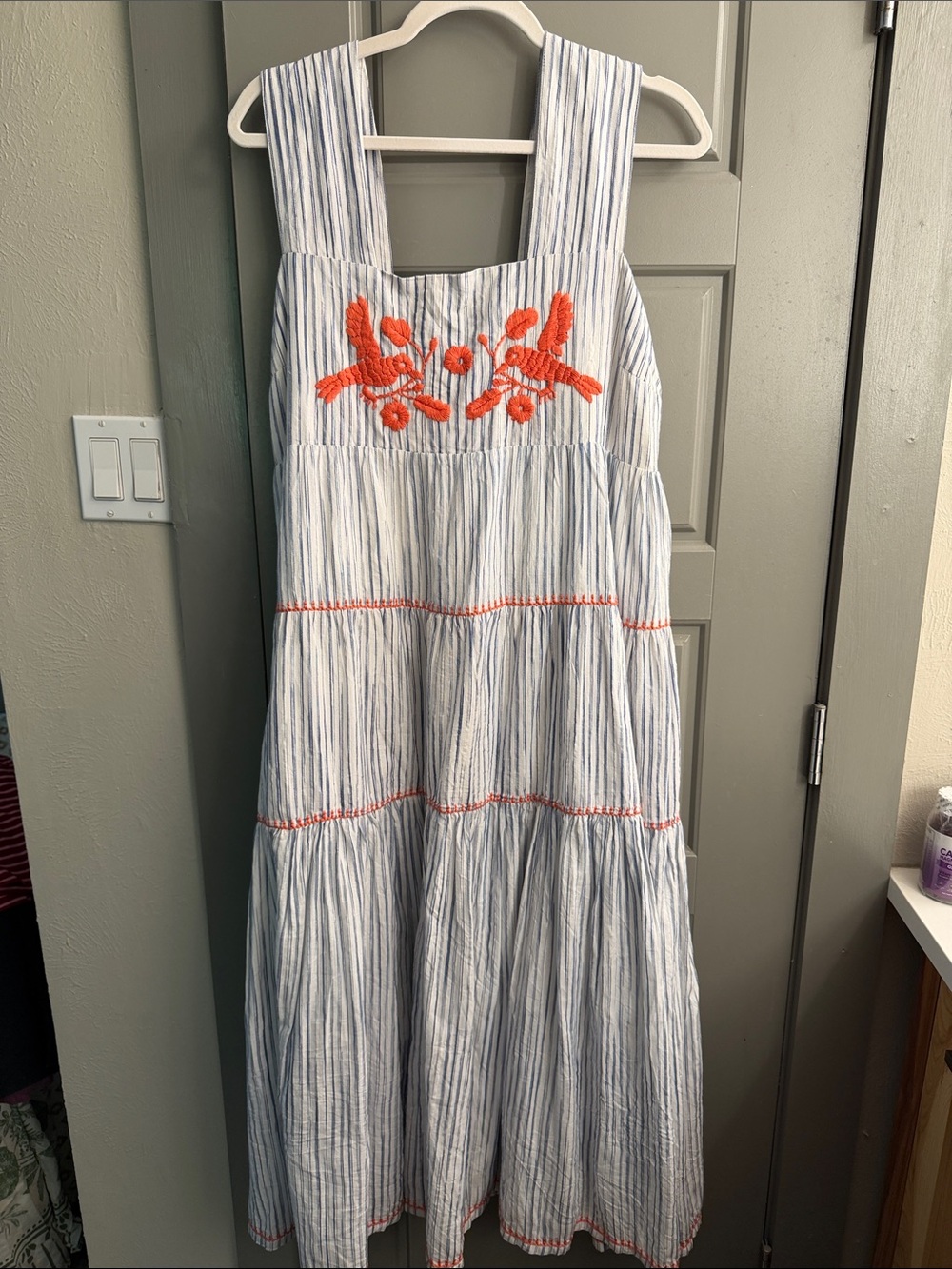 Never worn! Sister Mary Striped Maxi Sundress with Orange birds Embroidery